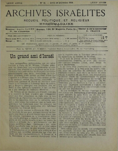 Archives israélites de France. Vol.79 N°51 (19 déc. 1918)